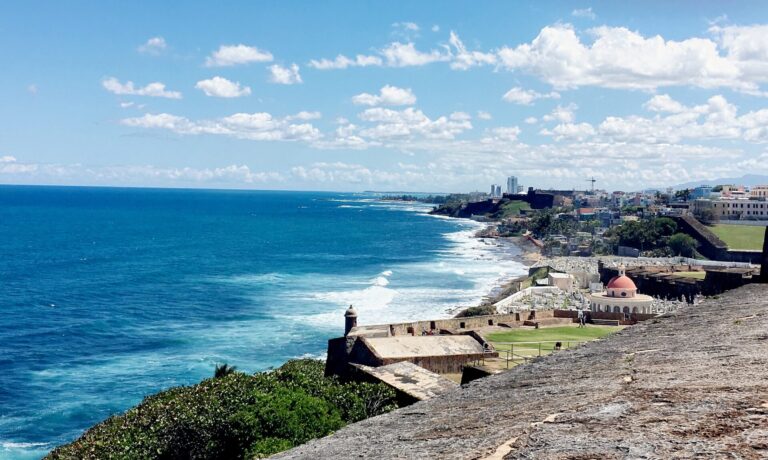 Atlantic coastline and historic walls of Old San Juan beside Santa MarÃa Magdalena de Pazzis Cemetery